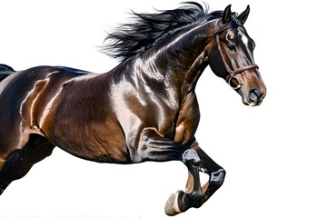 Obraz premium A bay horse with a black mane and tail running at full speed. The horse is wearing a brown bridle.