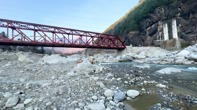 Manali, Himachal Pradesh - India January 15 2024: Beas river manali close up with selective focus and blur