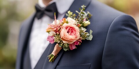 Elegant groom's boutonni&egrave;re surrounded by blurred formal attire, showcasing delicate floral design and sophisticated details.