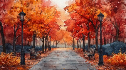Autumn Pathway with Lampposts and Benches   Watercolor Painting
