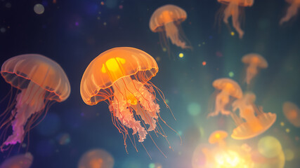 Naklejka premium Colorful Jellyfish Underwater Scene
