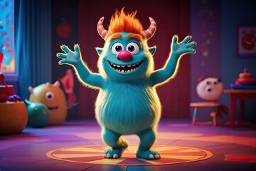 Fototapeta premium Cute Mischievous Monster Wiggle-Dancing in Vivid 3D Animation with Playful Ambiance and Whimsical Design