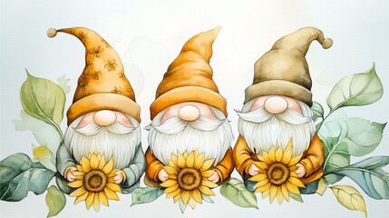 Three gnomes holding sunflowers with leafy backgrounds in a soft watercolor style.