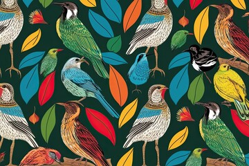 Obraz premium Captivating Avian Life: Colorful Background Design in Block Print Style