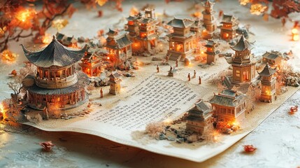 Miniature Chinese Pagoda Village on Ancient Textured Paper