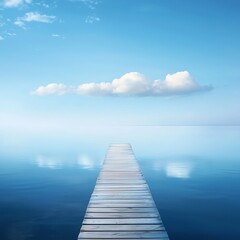 Obraz premium A peaceful pier extending into still ocean waters, with soft clouds reflecting in the sea