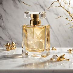 A crystal-clear perfume bottle with gold accents on a clean, white marble background with soft lighting