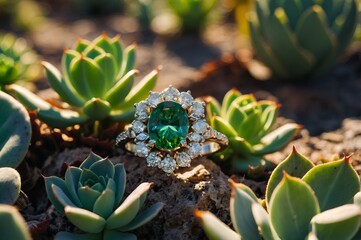 A stunning emerald ring surrounded by diamonds, resting among green succulents in natural sunlight, creating a beautiful contrast between nature and luxury.