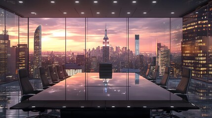 Obraz na płótnie Canvas Modern boardroom with panoramic city view at sunset.