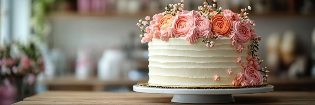 Elegant cake adorned with vibrant flowers, set against a softly blurred, inviting bakery interior, showcasing exquisite craftsmanship and detail.