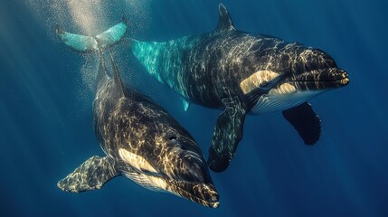 Obraz premium Orca Whales Swimming Underwater in Blue Ocean