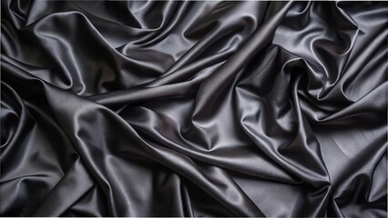 Close-up of crumpled black satin fabric, showcasing its smooth texture and rich color against a dark background.