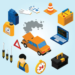 Car service flowchart with repair maintenance and diagnostics symbols isometric