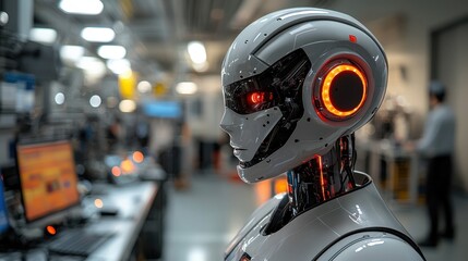 Fototapeta premium Futuristic Robot Head with Red Glowing Lights