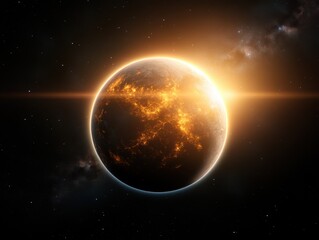 Naklejka premium Planet glowing in space with stars.