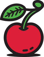Red cherry with green leaves line art style vector illustration