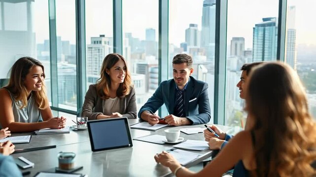 Modern office space with glass windows. Spacious meeting area. Large wooden table surrounded by comfortable chairs. Bright, natural lighting. Open and collaborative atmosphere. 