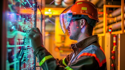 Industrial worker wearing augmented reality goggles with digital interface displayed for operating control panel in factory environment using data visualization and monitoring concept.