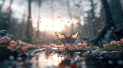 Magical Butterfly in Enchanted Forest with Sunbeams and Water Reflection