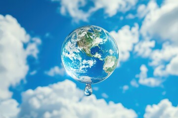 World in Water Drop on blue sky background