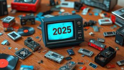 Vintage Technology Display with Year 2025 Highlighted