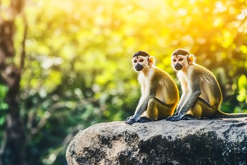 Obraz premium Two playful monkeys interacting on a rock looking to the camera