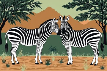 Obraz premium Vibrant Block Print Style Artwork of Wild Zebra Relationships in Nature