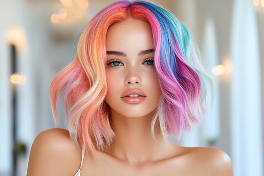 A model with colorful hair, posing in a fashion-forward setting, showing off vibrant and trendy hair color