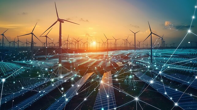 Field of solar panels and wind turbines at sunset, a vision for a sustainable energy future.