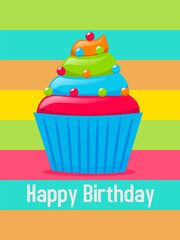 happy birthday card vector, Multicolor cupcake with colorful stripes and a happy birthday message. Perfect for birthday cards, party invitations, and social media posts.