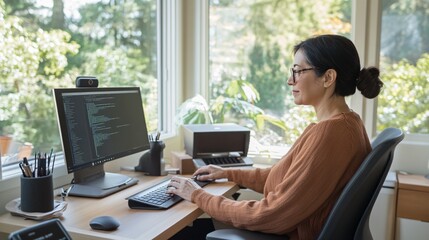 Productive and Comfortable: Woman Working from Stylish Home Office with Ergonomic Setup and Natural Light
