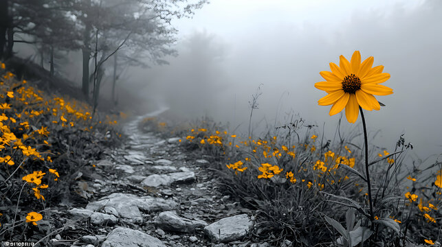 A black and white image of a foggy forest trail, with a single yellow wildflower blooming in the undergrowth, breaking the grayscale mist