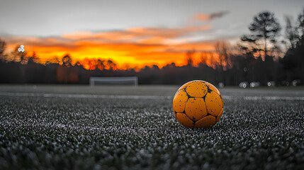 A black and white photo of a soccer field at dusk, with one vibrant yellow soccer ball in play, contrasting against the gray grass