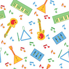 This image features a playful pattern of musical instruments and notes, perfect for creative projects or children's themes.