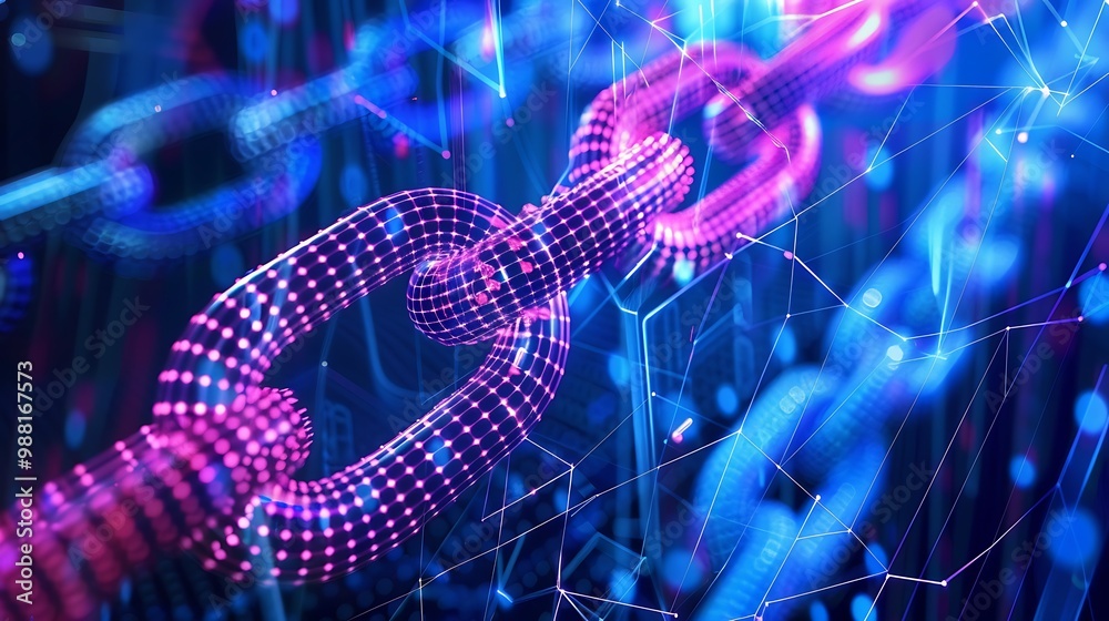 Poster 3d rendering of a digital chain link with glowing blue and purple lines.