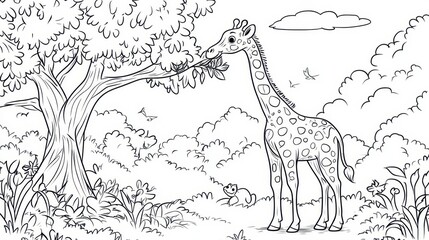Naklejka premium A Giraffe Reaching for Leaves in a Lush Forest
