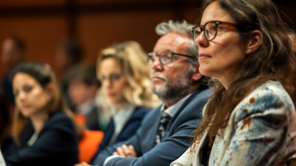 Obraz premium Engaged audience members attentively listening during corporate ethics conference, showcasing diverse group of professionals in formal setting