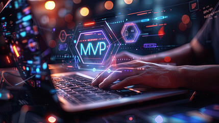  Software developer working on laptop, surrounded by icons representing minimum Viable Product MVP, most basic version