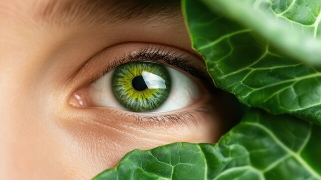 Green eye surrounded by collard green leaves close-up A close-up of a vibrant green eye framed by collard green leaves, representing the connection between leafy greens and better eye health