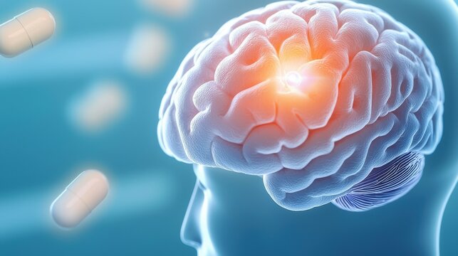 Dopamine reaction in brain with supplement concept Digital illustration of a brain highlighting a dopamine reaction with floating capsules, symbolizing the influence of supplements on brain chemistry 