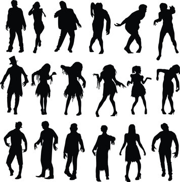 Set of zombie full body silhouette illustration. People posing zombie in black color