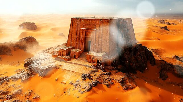 Ancient Egyptian temple stands majestically in a desert canyon, with towering columns and golden stonework contrasting with a vibrant blue sky
