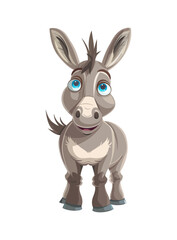 A cute cartoon donkey with big blue eyes, standing with a friendly smile. This playful and adorable design is perfect for children’s illustrations, farm-themed content, or fun animal designs