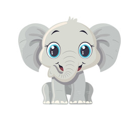 A cute cartoon baby elephant with large blue eyes, big ears, and a playful smile. Ideal for children's content, safari-themed projects, and animal-related designs