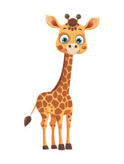 Obraz premium A cute cartoon giraffe standing tall with big blue eyes and a friendly expression. This giraffe illustration is ideal for children's content, jungle-themed projects, and fun animal designs