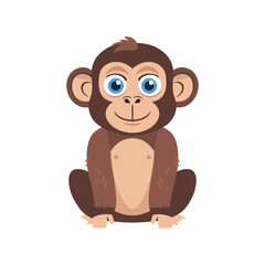 Obraz premium A cute cartoon monkey sitting down with big blue eyes and a wide smile. This playful and friendly design is ideal for children’s books, animal-themed content, and jungle illustrations.