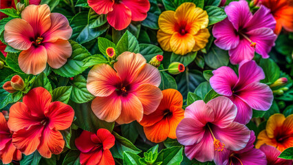Colorful hibiscus flowers in various shades surrounded by lush green leaves for tropical designs
