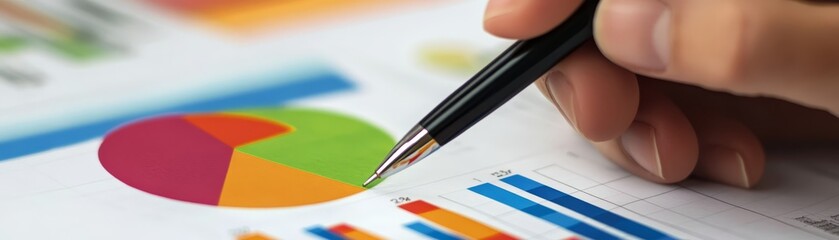 Fototapeta premium Close Up of a Hand Pointing at a Pie Chart on a Financial Report