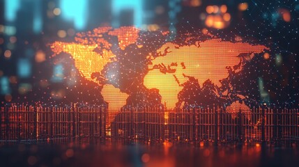 Obraz premium Global Network Connection World Map with Glowing Lines and Fences