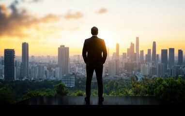 Fototapeta premium Silhouette of businessman at sunset view